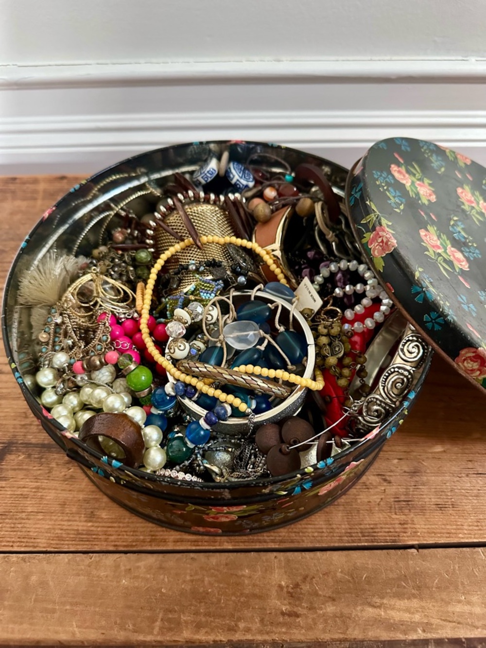 Over 3 Pounds Wearable Jewelry Lot - with Vintage Floral Tin Beads Silver Tone